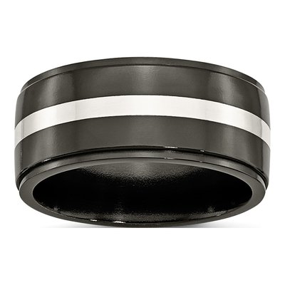 Titanium & Sterling Silver 10mm Black Inlay Wedding Band