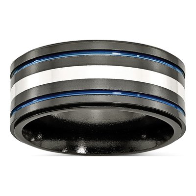 Titanium & Sterling Silver 10mm Black Blue Wedding Band