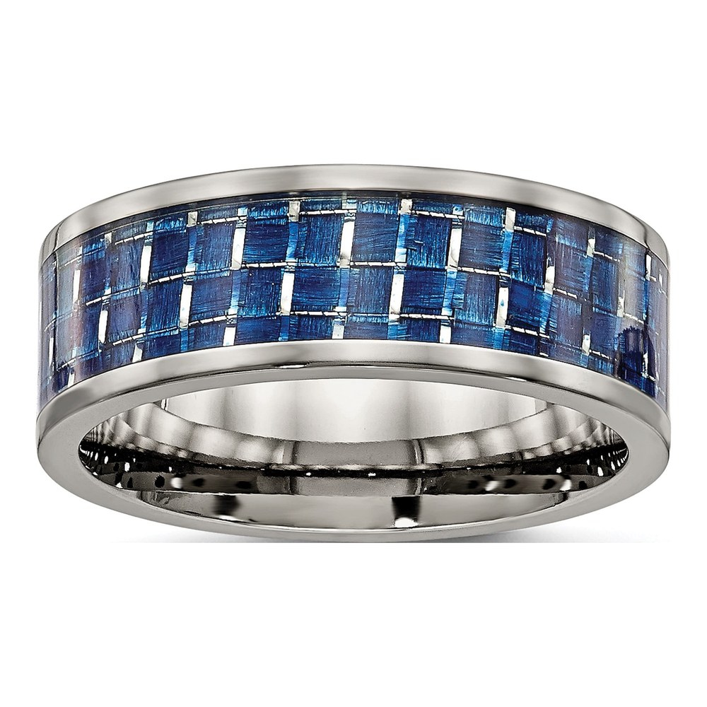 Titanium 8mm Blue Carbon Fiber Flat Comfort-Fit Wedding Band