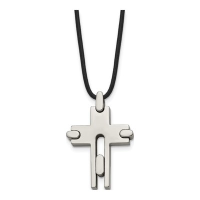 Titanium Cross Leather Cord Pendant Necklace