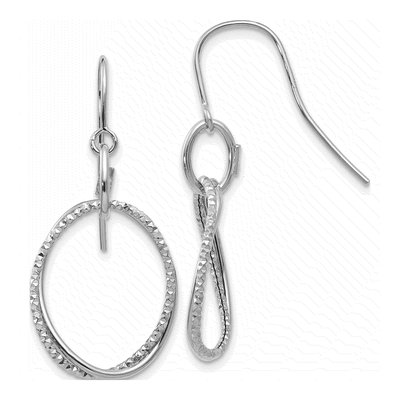 10K White Gold Textured Shepherd Hook Dangle Earrings