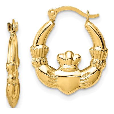 14K Yellow Gold Claddagh Hoop Earrings