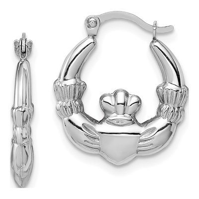 14K White Gold Claddagh Hoop Earrings