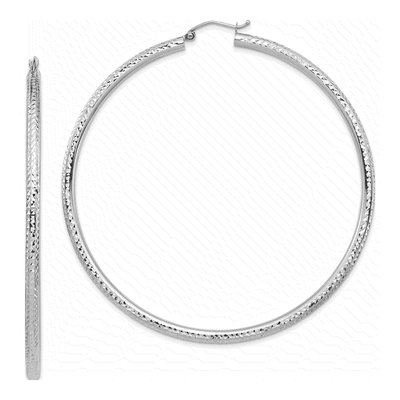 14K White Gold 70mm Diamond-Cut Tube Hoop Earrings