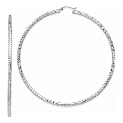 14K White Gold 90mm Diamond-Cut Tube Hoop Earrings