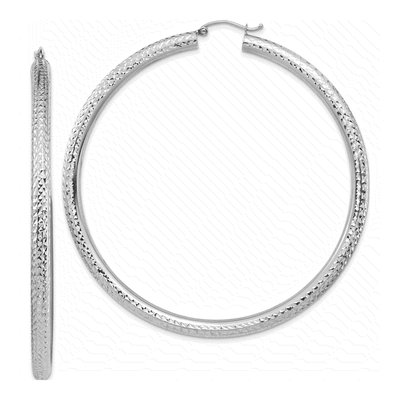 14K White Gold 70mm Diamond-Cut Tube Hoop Earrings