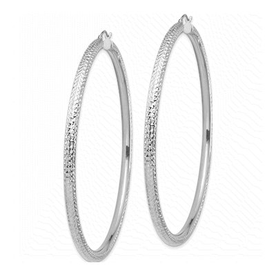 14K White Gold 80mm Diamond-Cut Round Tube Hoop Earrings – view 3