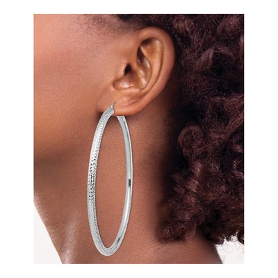 14K White Gold 80mm Diamond-Cut Round Tube Hoop Earrings – view 4