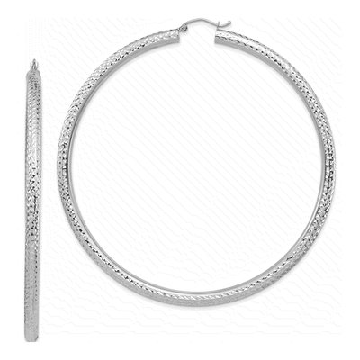 14K White Gold 80mm Diamond-Cut Round Tube Hoop Earrings