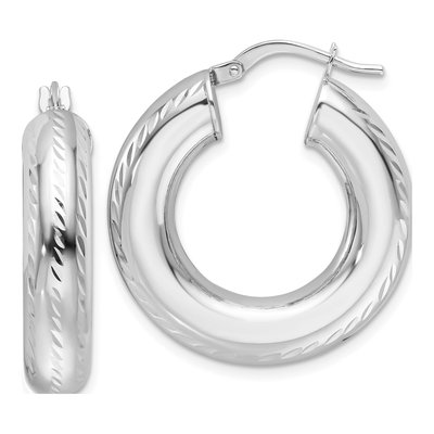 14K White Gold 28mm Diamond-Cut Hollow Hoop Earrings
