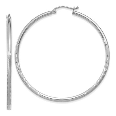 14K White Gold 50mm Diamond-Cut Hoop Earrings