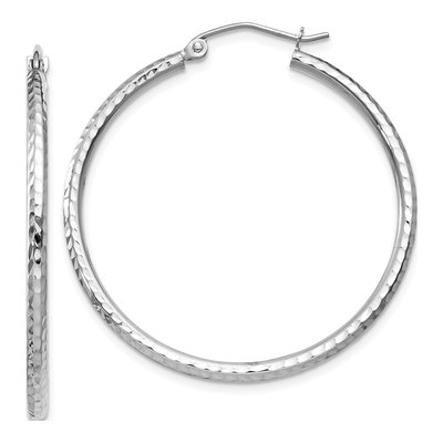 14K White Gold 35mm Diamond-Cut Round Tube Hoop Earrings