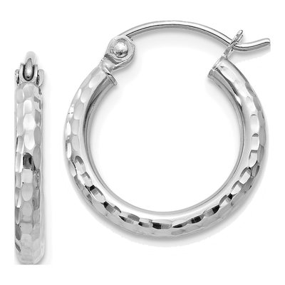 14K White Gold 15mm Diamond-Cut Round Tube Hoop Earrings