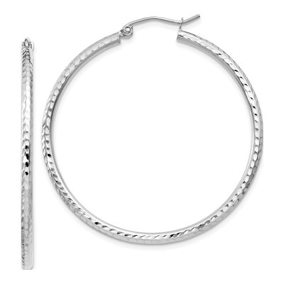 14K White Gold 40mm Diamond-Cut Round Tube Hoop Earrings