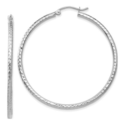 14K White Gold 45mm Diamond-Cut Round Tube Hoop Earrings