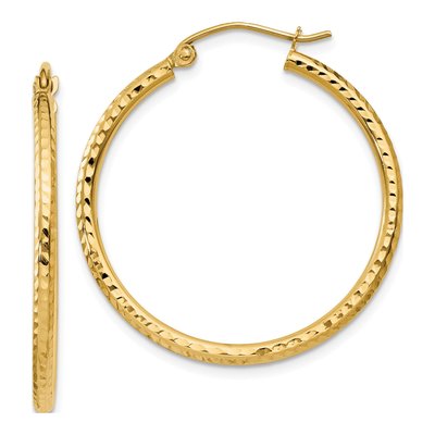 14K Yellow Gold 30mm Diamond-Cut Round Tube Hoop Earrings