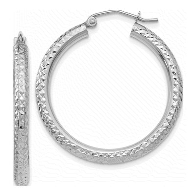 14K White Gold 30mm Diamond-Cut Round Tube Hoop Earrings