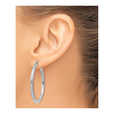 14K White Gold 40mm Diamond-Cut Round Hoop Earrings – view 4