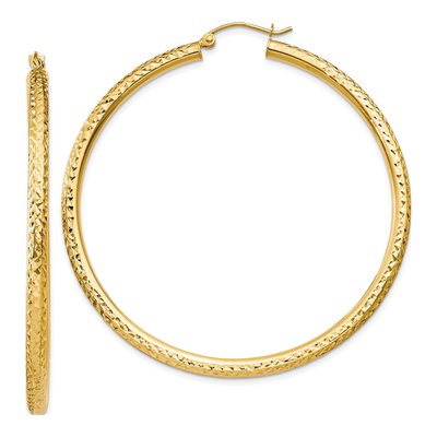 14K Yellow Gold 55mm Diamond-Cut Round Tube Hoop Earrings