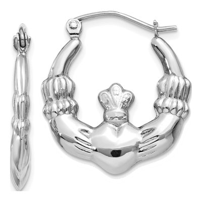 14K White Gold Claddagh Hoop Earrings