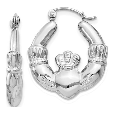 14K White Gold Claddagh Hoop Earrings