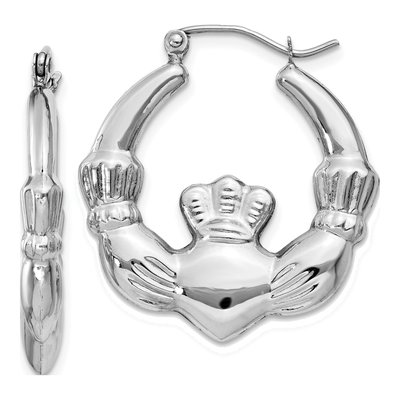 14K White Gold Claddagh Hoop Earrings