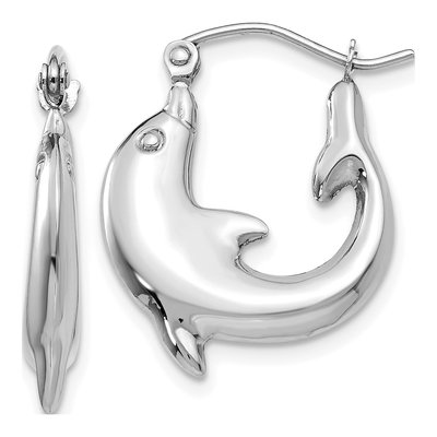 14K White Gold Dolphin Hoop Earrings