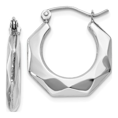 14K White Gold 11mm Faceted Hoop Earrings
