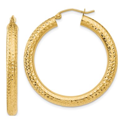 14K Yellow Gold 35mm Diamond-Cut Round Tube Hoop Earrings
