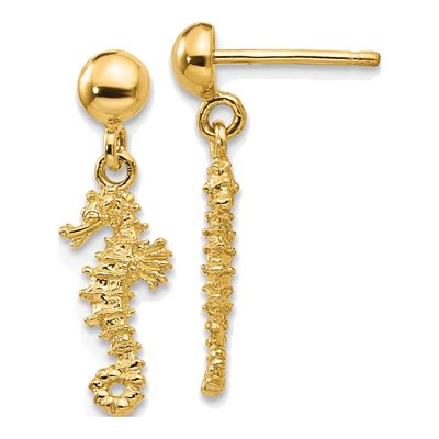 14K Yellow Gold Mini Seahorse Dangle Earrings