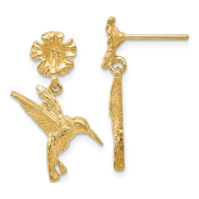 14K Yellow Gold Hummingbird Dangle Earrings