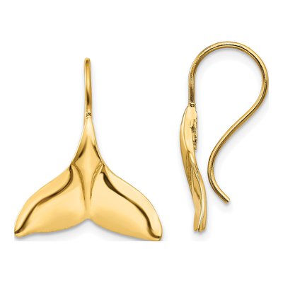 14K Yellow Gold Whale Tail Dangle Earrings
