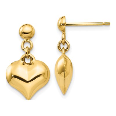 14K Yellow Gold Puffed Heart Dangle Earrings