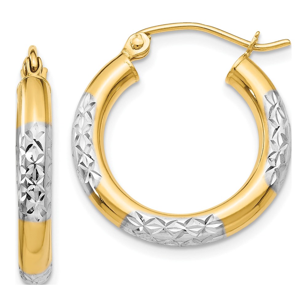 14K Yellow Gold & Rhodium Diamond-Cut Hoop Earrings