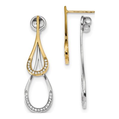 14K Two-Tone Gold CZ Teardrop Front Back Dangle Earrings