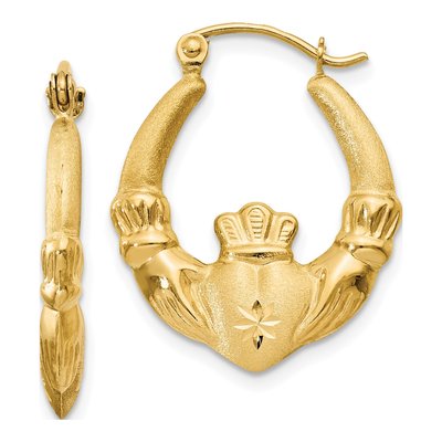 14K Yellow Gold Claddagh Hoop Earrings