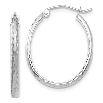14K White Gold Diamond-Cut Oval Hoop Earrings