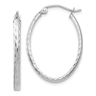 14K White Gold Diamond-Cut Oval Tube Hoop Earrings