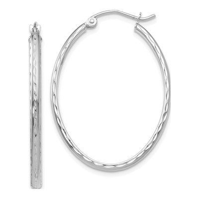 14K White Gold Diamond-Cut Oval Tube Hoop Earrings