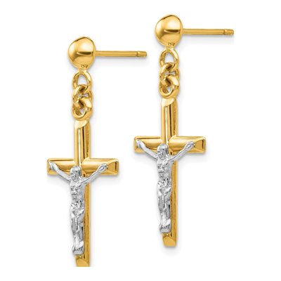 14K Two-Tone Gold Crucifix Dangle Earrings – view 3
