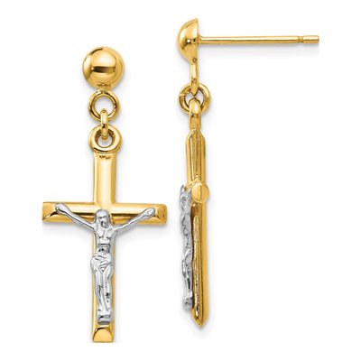 14K Two-Tone Gold Crucifix Dangle Earrings