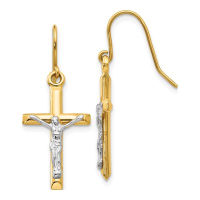 14K Two-Tone Gold Crucifix Dangle Earrings