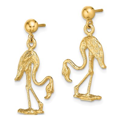 14K Yellow Gold 3D Flamingo Dangle Earrings – view 3