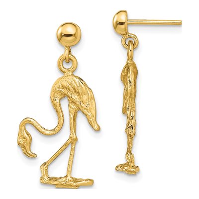 14K Yellow Gold 3D Flamingo Dangle Earrings