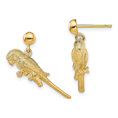14K Yellow Gold 3D Parrot Dangle Earrings