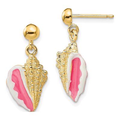 14K Yellow Gold Enamel Conch Shell Dangle Earrings