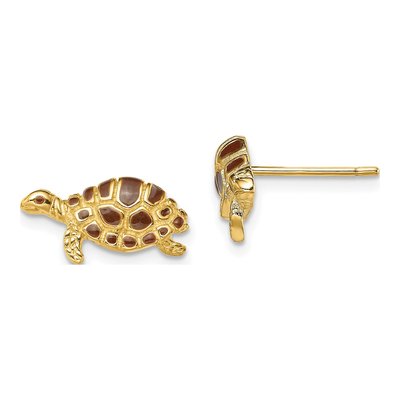 14K Yellow Gold Brown Enamel Turtle Stud Earrings