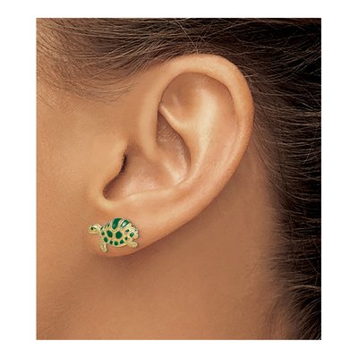 14K Yellow Gold Green Enamel Turtle Stud Earrings – view 3
