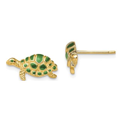 14K Yellow Gold Green Enamel Turtle Stud Earrings