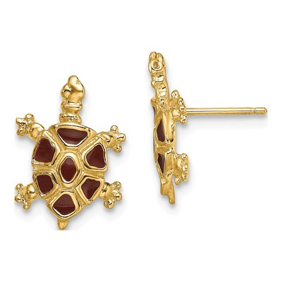 14K Yellow Gold Brown Enamel Tortoise Stud Earrings